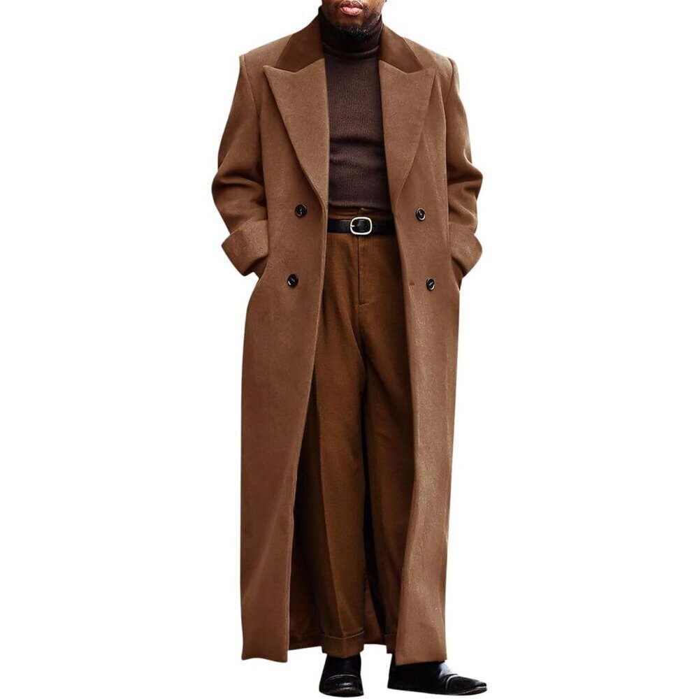 🆕Mens Coffee Full Length Trench Coat Double Breasted Classic Winter Overcoat